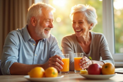 Couple senior souriant buvant vitamine C au petit déjeuner