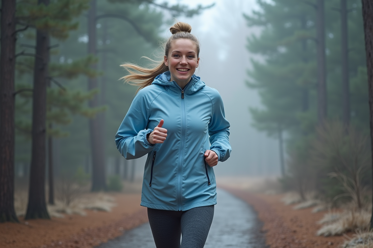 Femme sportive courant en forêt matinale fraîche