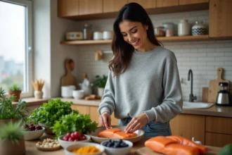 Femme arrangeant des aliments antiinflammatoires dans une cuisine moderne