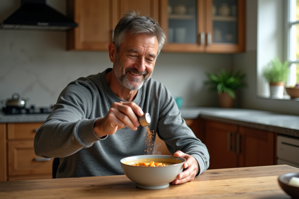 Homme saupoudrant épices dans une soupe chaude