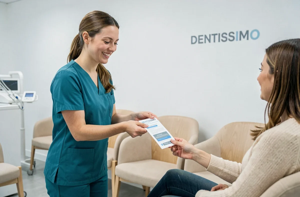 Assistante dentaire du centre DENTISSIMO à Montreuil Boissière remettant un document de soins à un patient