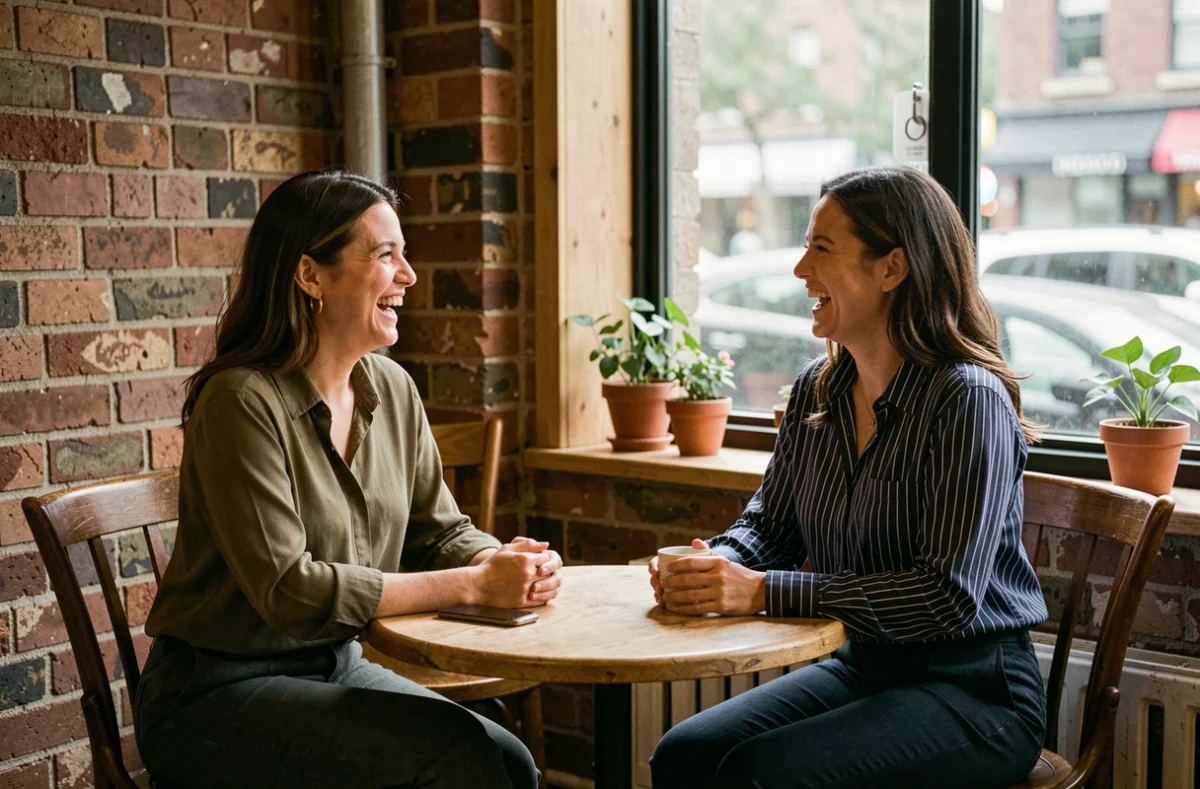 Deux femmes souriantes en conversation animée dans un café urbain chaleureux avec murs en briques apparentes