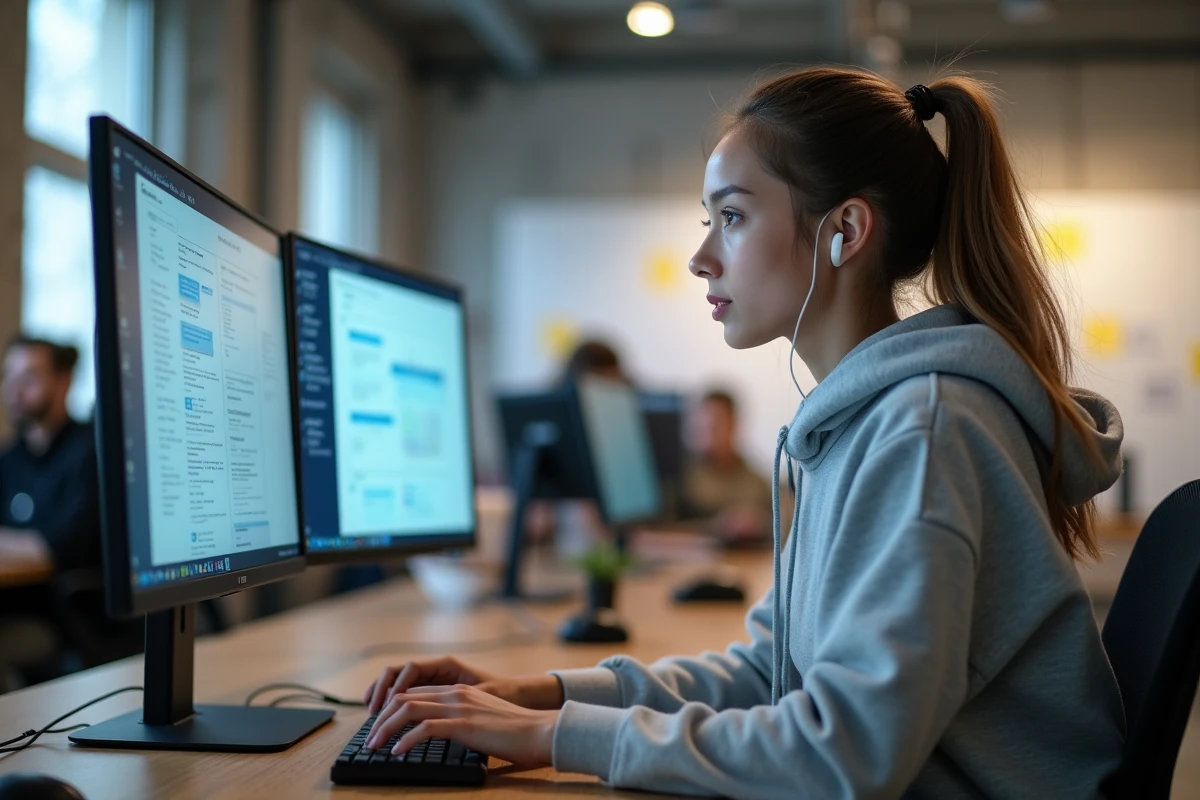 Jeune développeuse travaillant sur une plateforme de télémédecine dans un espace de coworking dédié aux startups e-santé