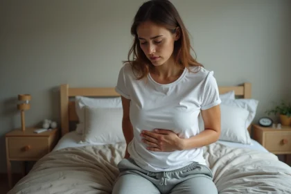 Femme tenant son ventre côté gauche en signe de douleur abdominale basse, assise sur un lit