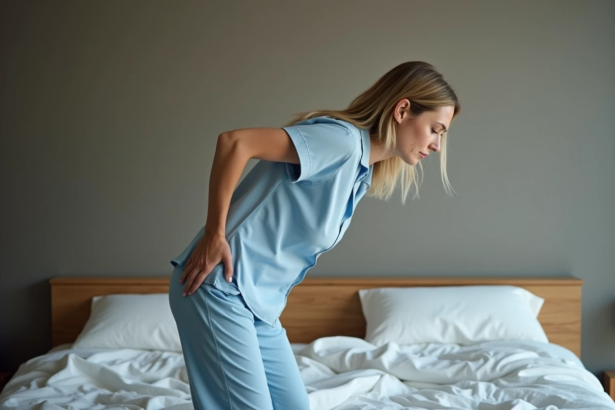 Femme en pyjama debout à côté de son lit, s'étirant avec douleur dans la zone fessière au lever