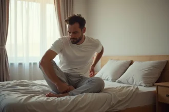 Homme en pyjama assis au bord du lit le matin, la main sur la fesse, exprimant une douleur au réveil