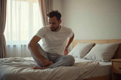 Homme en pyjama assis au bord du lit le matin, la main sur la fesse, exprimant une douleur au réveil