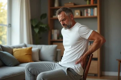 Homme d'âge moyen tenant son bas du dos après une chute, assis avec difficulté sur une chaise en bois dans un salon moderne
