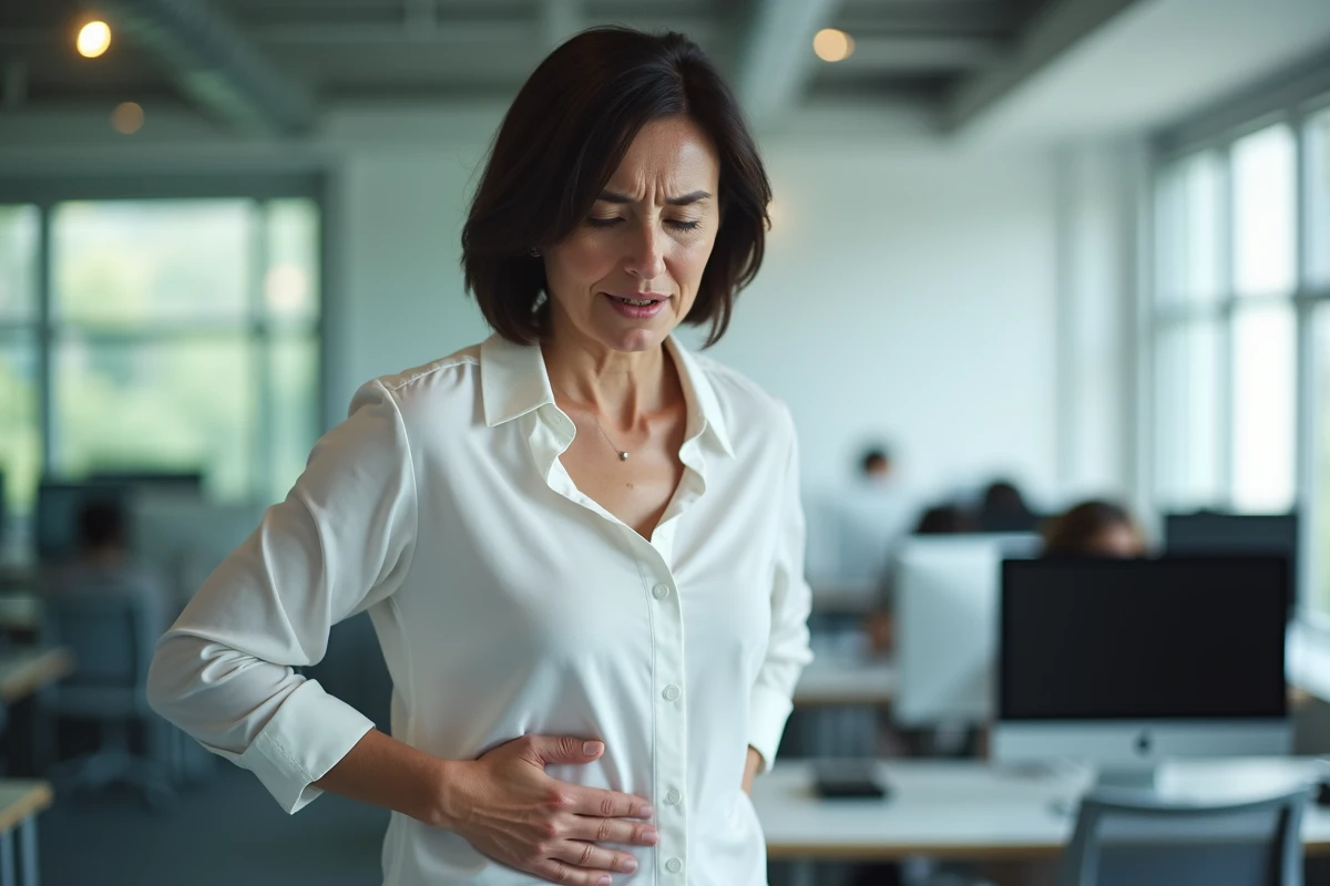 Femme en bureau tenant son côté droit avec une grimace de douleur, symptôme pouvant évoquer une douleur intercostale ou une crise cardiaque
