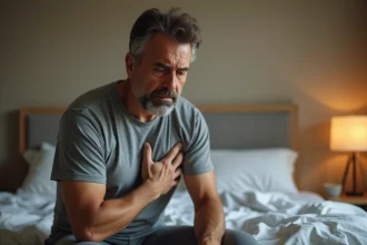 Homme d'une cinquantaine d'années assis sur un lit tenant sa poitrine avec une expression inquiète, illustrant une douleur intercostale ou une alerte cardiaque