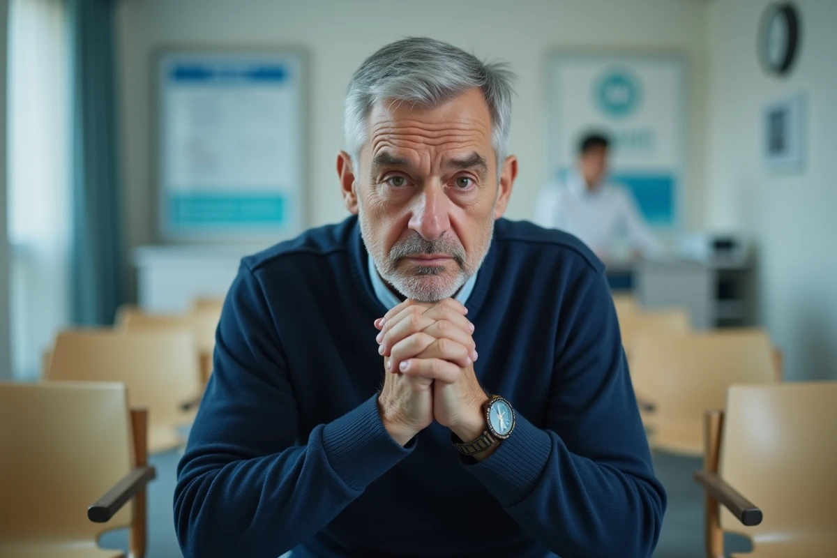 Homme âgé assis dans une salle d'attente médicale les mains sur la poitrine avec une expression anxieuse, illustrant l'urgence de consulter pour une douleur thoracique