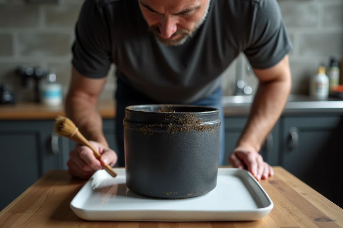 Gros plan sur un élément filtrant Berkey encrassé posé sur une assiette blanche, révélant des dépôts minéraux et résidus noirs