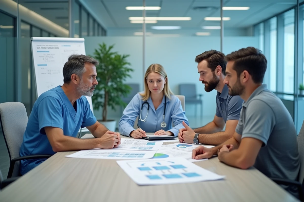 Équipe pluridisciplinaire de soins et informatique collaborant sur l'intégration d'un système d'information hospitalier en salle de réunion