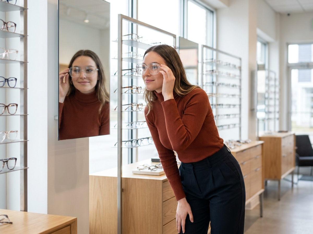 Jeune femme essayant des lunettes tendance à monture transparente dans une boutique d'optique moderne