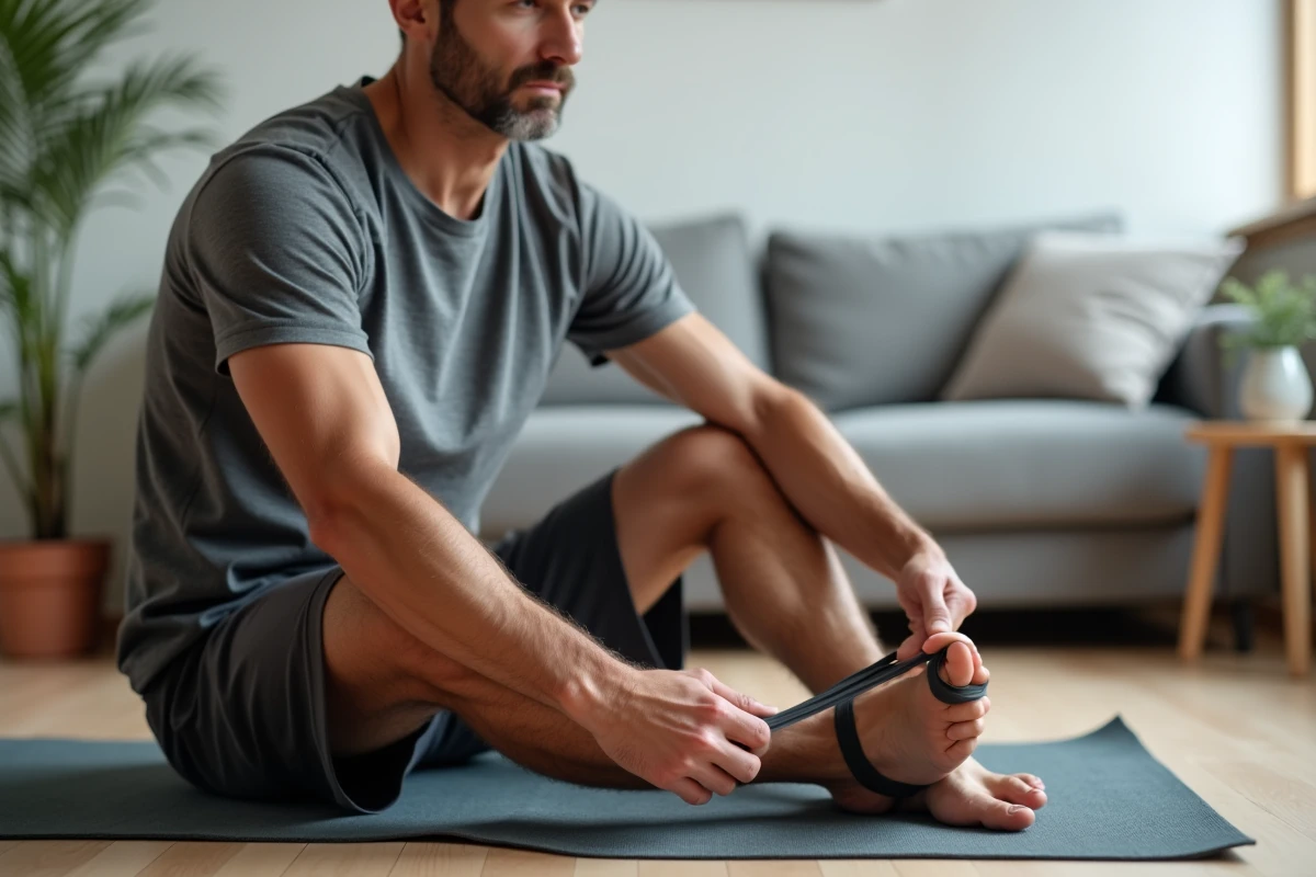 Homme réalisant un étirement du fascia plantaire avec un élastique pour traiter l'épine calcanéenne