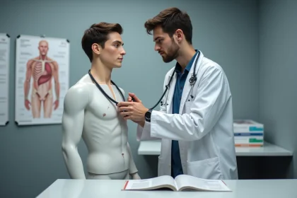 Étudiant en médecine pratiquant l'auscultation cardiaque sur un mannequin de simulation clinique avec un stéthoscope