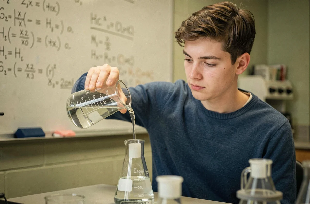 Étudiant en chimie versant une solution dans une fiole jaugée pour préparer une solution de concentration précise