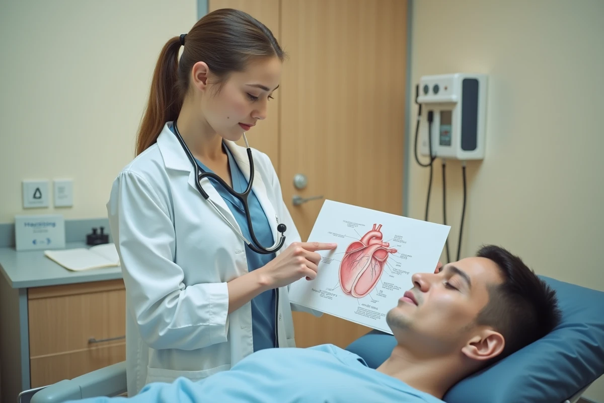 Étudiante en médecine repérant les foyers d'auscultation cardiaque sur un patient dans une salle de consultation hospitalière