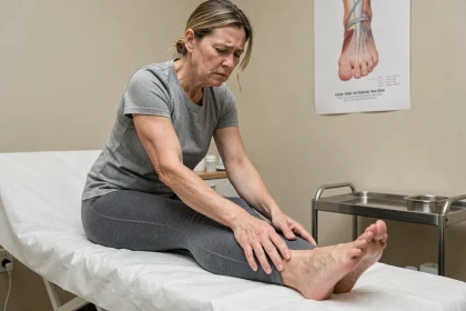 Femme d'âge mûr tenant son talon douloureux lors d'un examen médical pour talalgie