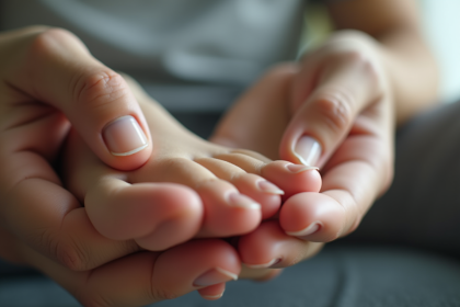 Une personne examine doucement son pied dans une lumière naturelle