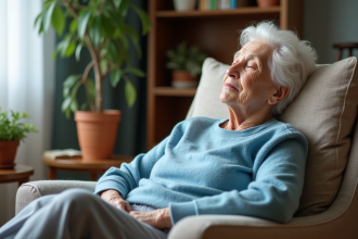Femme agee relaxant dans un salon cosy
