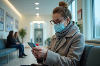 Femme en manteau d'hiver et masque dans une clinique