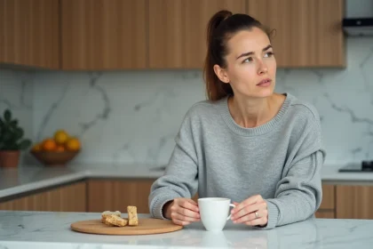 Femme déballant une barre nutritionnelle Feed dans une cuisine moderne, illustrant la question de remplacer ses repas par des barres alimentaires complètes