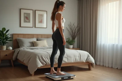 Femme mesurant son corps sur une balance num&eacute;rique dans une chambre cosy