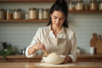 Femme tenant un bol de riz complet non cuit dans une cuisine rustique, comparaison riz complet et riz blanc