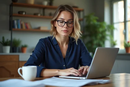 Femme travaillant sur son ordinateur dans une cuisine moderne