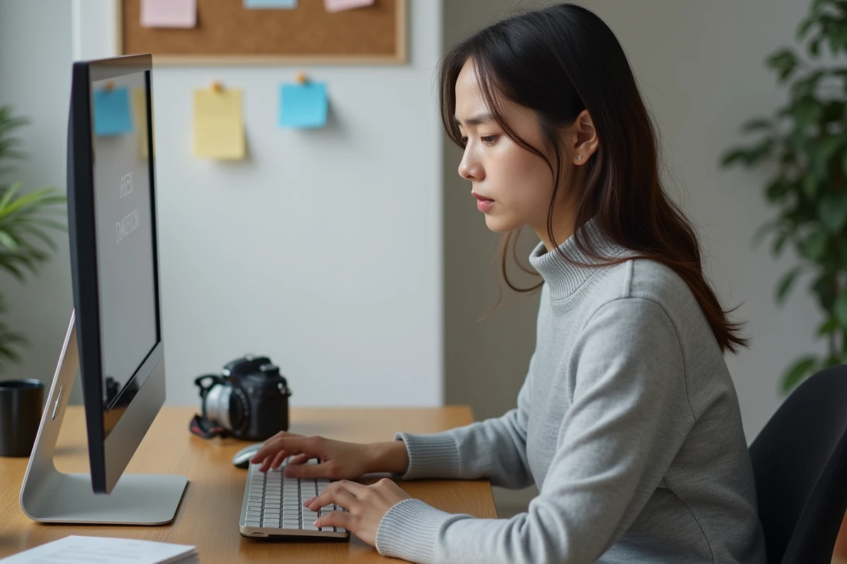 Jeune femme concentrée travaillant à son bureau à domicile