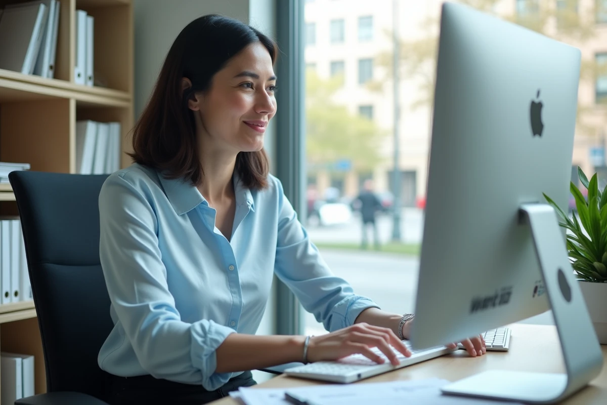 Femme au bureau tapant un email avec certificat m&eacute;dical