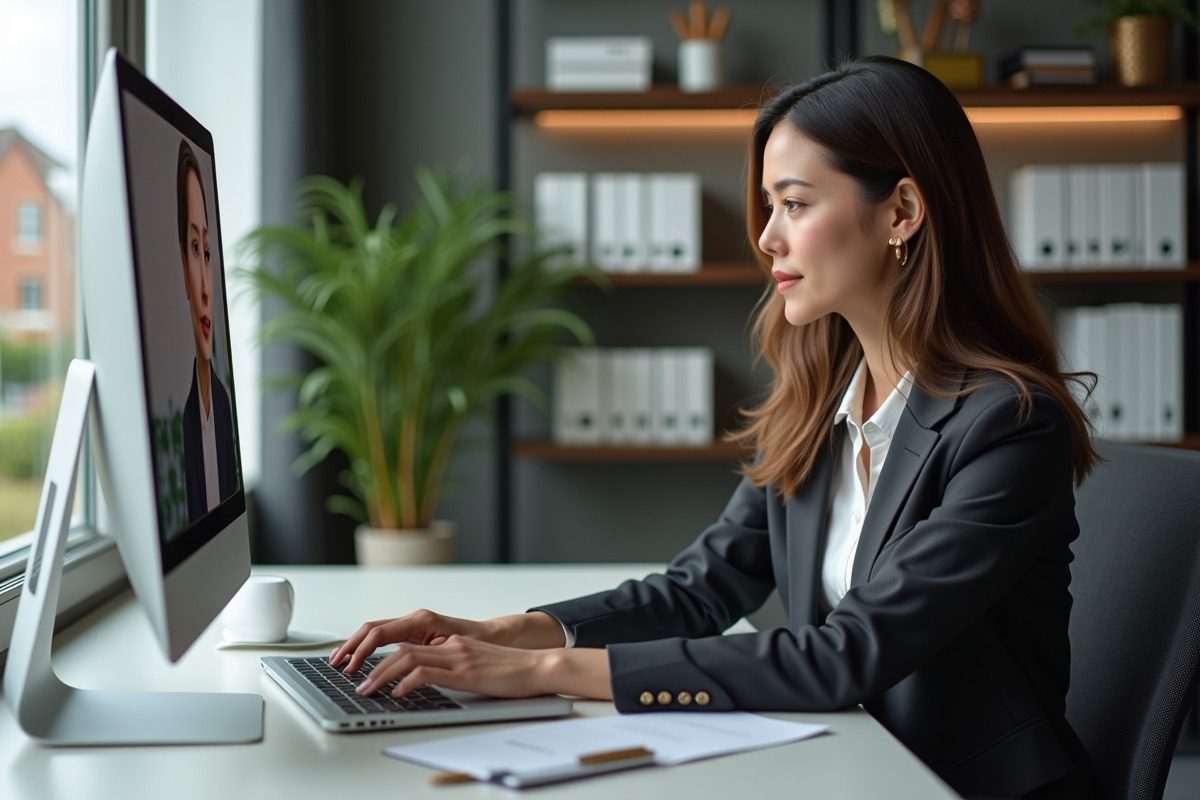Femme en téléconsultation dans un bureau moderne