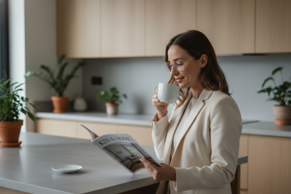 Jeune femme en blazer beige souriant en buvant un café