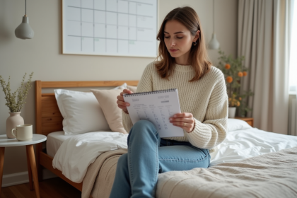 Femme assise examinant un calendrier dans une chambre cosy