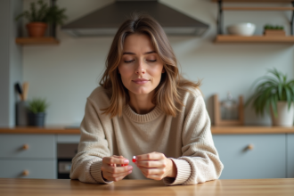 Jeune femme examine capsules et gel dans la cuisine