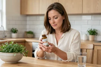 Femme lisant l'étiquette d'un complément alimentaire Floravia Avis pour la digestion dans une cuisine moderne