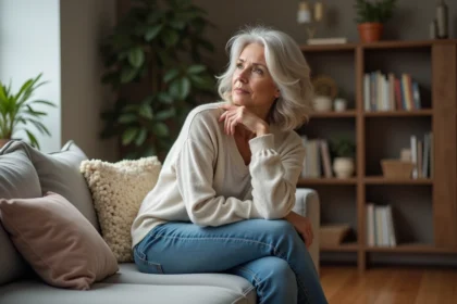 Femme d'environ quarante ans assise dans son salon calme
