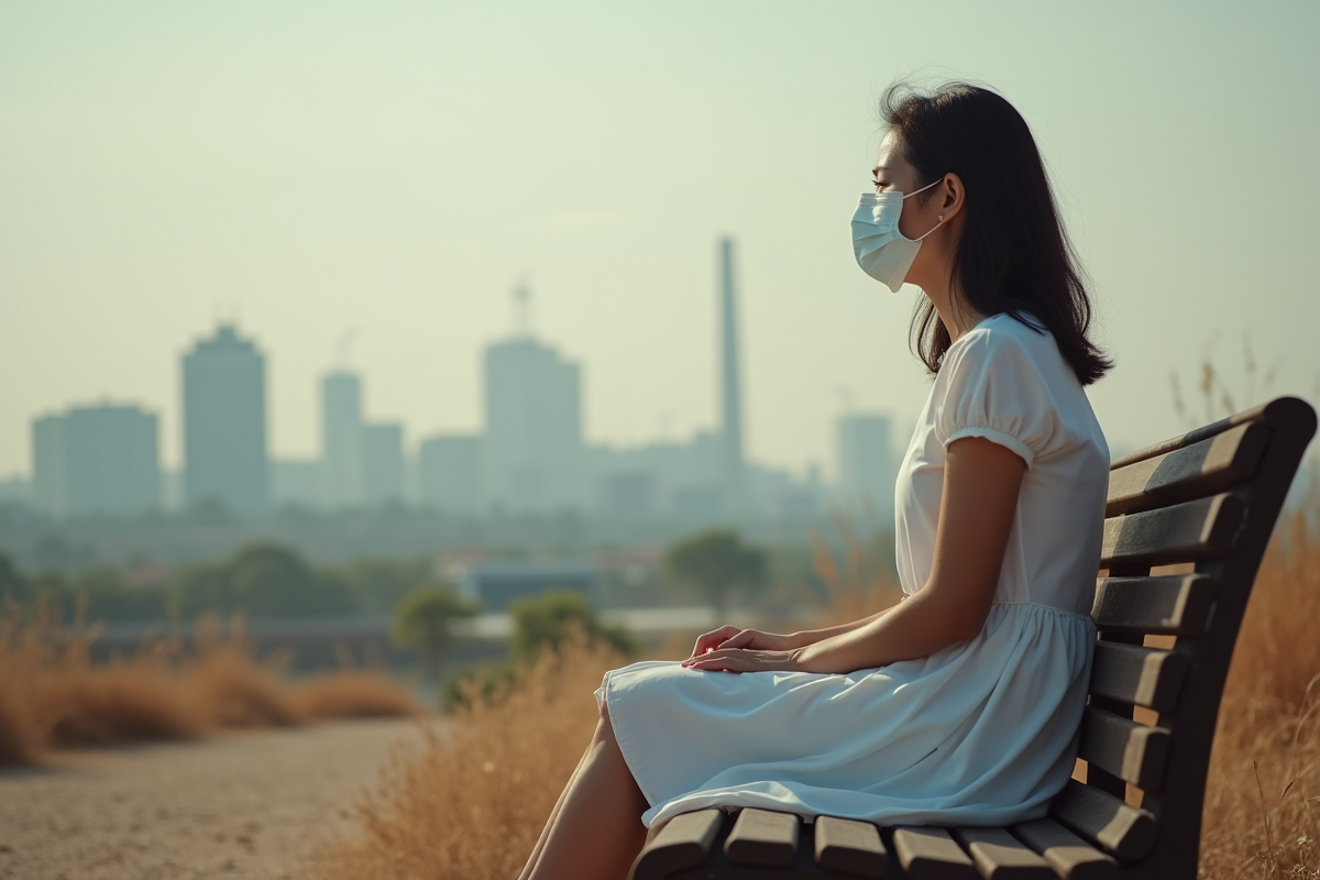 Femme en masque médical assise sur un banc dans un parc