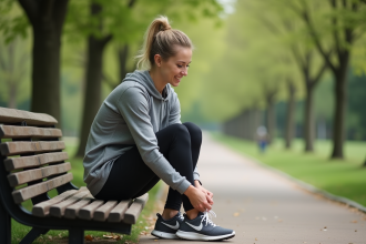 Femme d'âge moyen nouant ses chaussures de course dans un parc