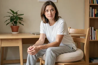 Femme assise sur un coussin orthopédal en anneau pour soulager la douleur au coccyx sur une chaise en bois
