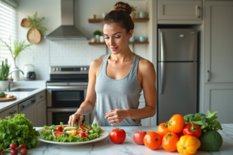 Femme préparant une salade dans une cuisine lumineuse