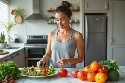 Femme préparant une salade dans une cuisine lumineuse