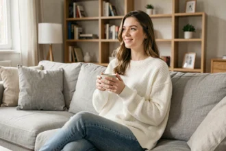 Femme détendue assise sur un canapé en lin gris, tenant une tasse de thé, dans un appartement moderne chaleureux