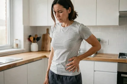 Femme tenant son côté droit douloureux dans une cuisine moderne, exprimant une gêne abdominale persistante