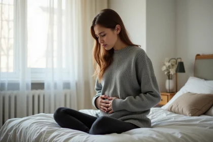 Jeune femme assise sur son lit tenant son ventre en raison de douleurs pelviennes liées aux règles douloureuses