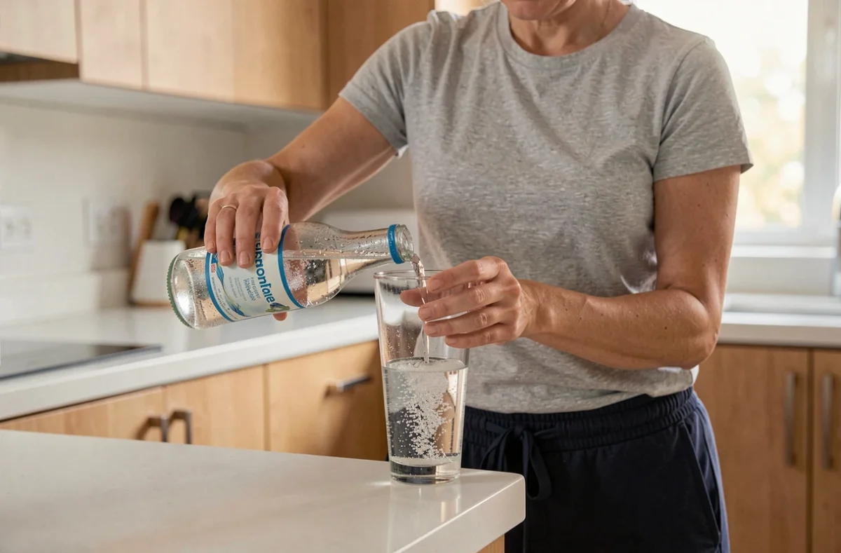 Femme versant de l'eau minérale riche en bicarbonate dans sa cuisine pour prévenir les coliques néphrétiques