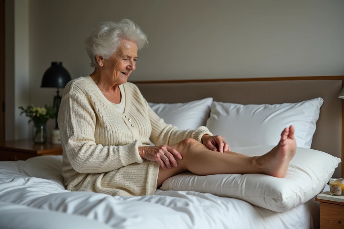 Femme âgée soulageant sa jambe gonflée au lit