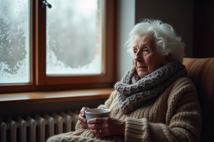 Femme âgée sirotant un thé près d'une fenêtre givrée