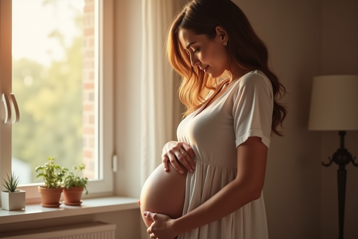 Femme enceinte tenant son ventre dans une maison chaleureuse
